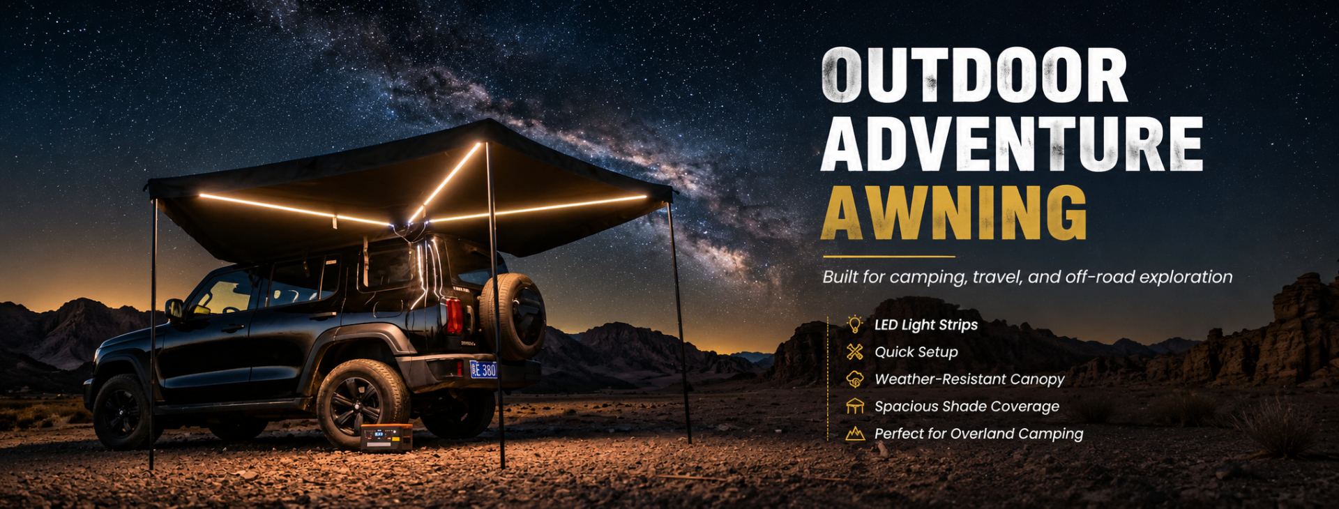 Xtreme RoamForce 270° awning deployed over a 4x4 at night with LED light strips