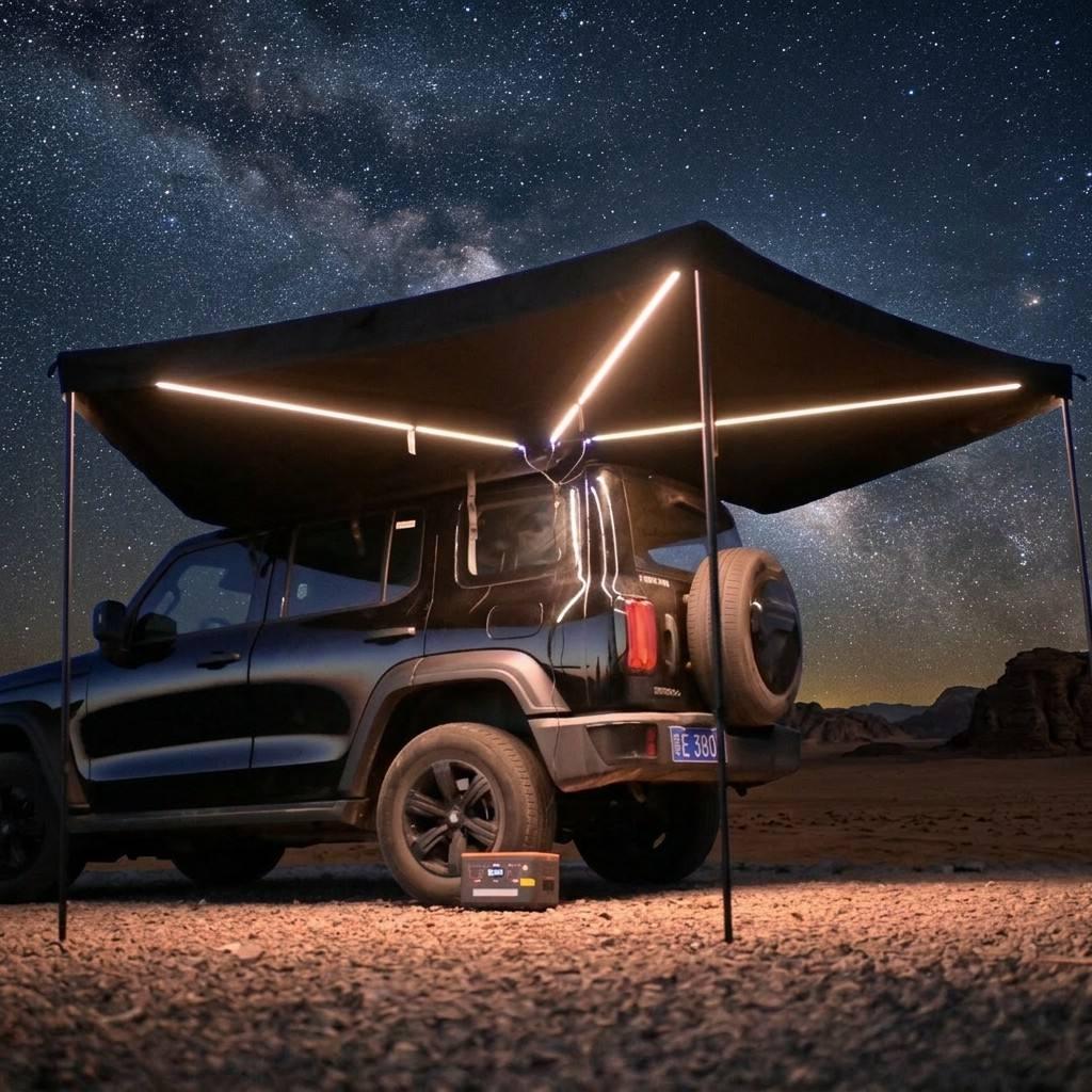 Xtreme RoamForce 270 degree freestanding awning deployed over a 4x4 at a desert campsite